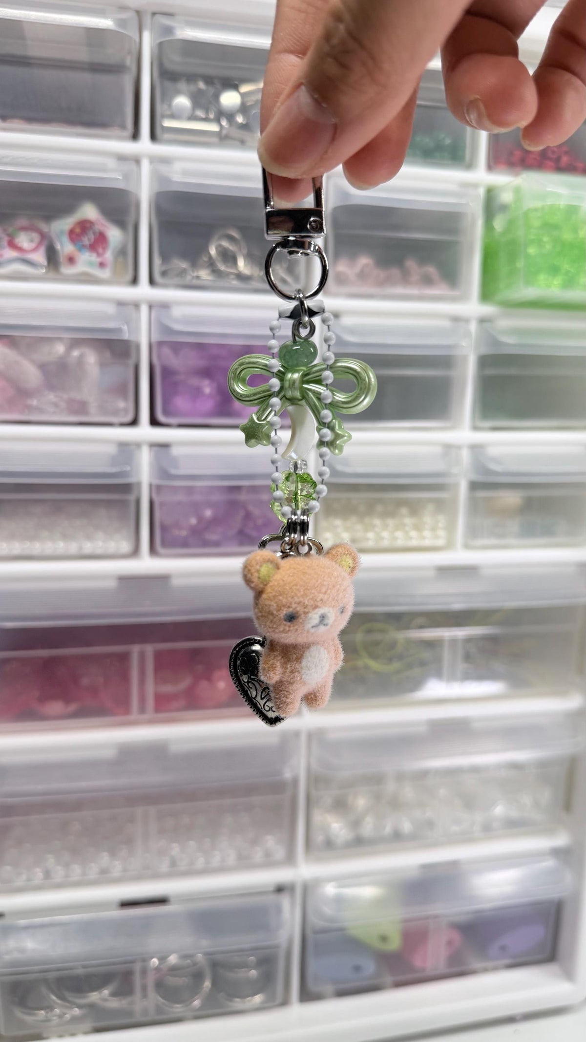 Lucky Four Leaf Clover White Dog Charm Flocked Dog Beaded Keychain Accessory Whimsical Core