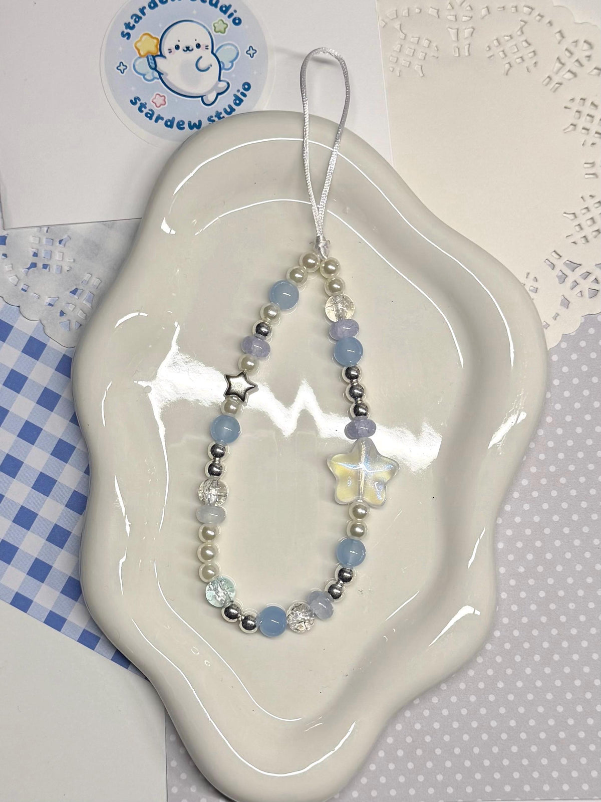Pastel Blue Silver Iridescent Star Beaded Phone Strap Handmade Wrist Lanyard