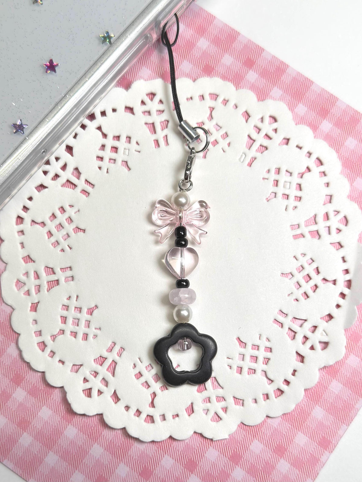 Beaded y2k Pink & Black Accessory with Hearts and Bows, Phone charm, Bag Charm, Backpack keychain