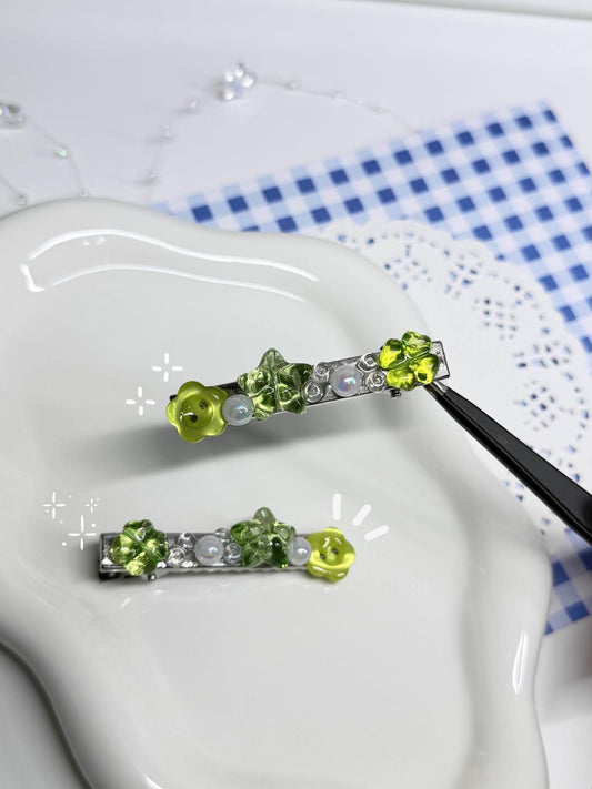 Green Clover Flower Hair Clips