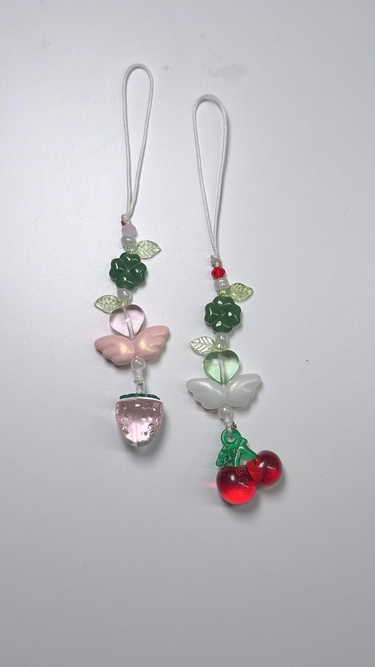 Handmade Green Clover Strawberry and Cherry Phone Charm, Lucky Four Leaf Bag/Phone Strap