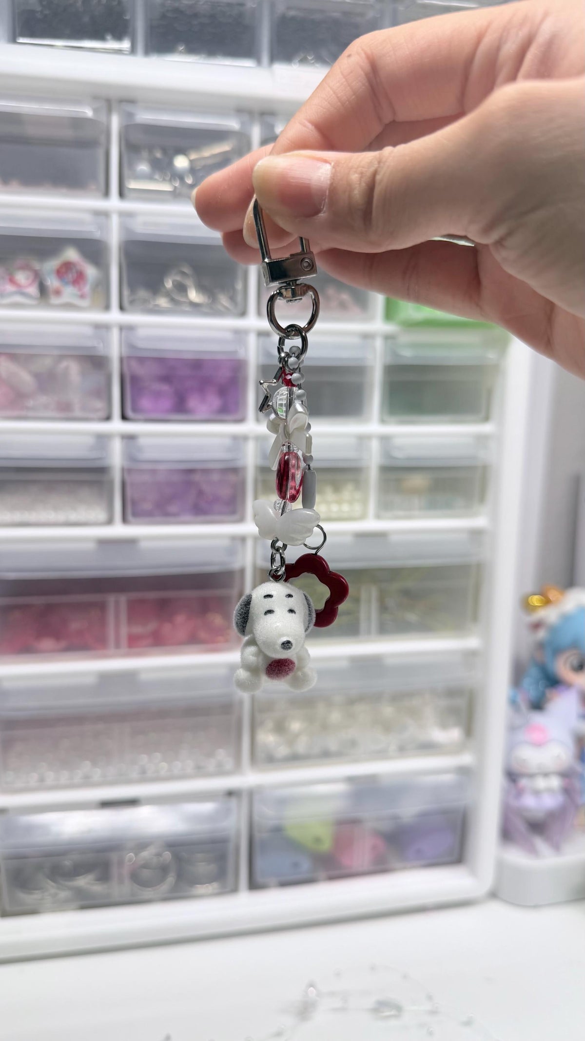 Snoopy Charm Flocked Dog Beaded Keychain Accessory Whimsical Core