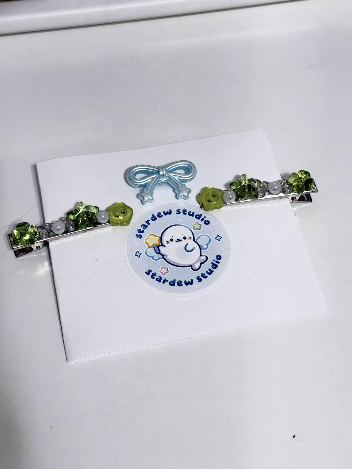 Green Clover Flower Hair Clips