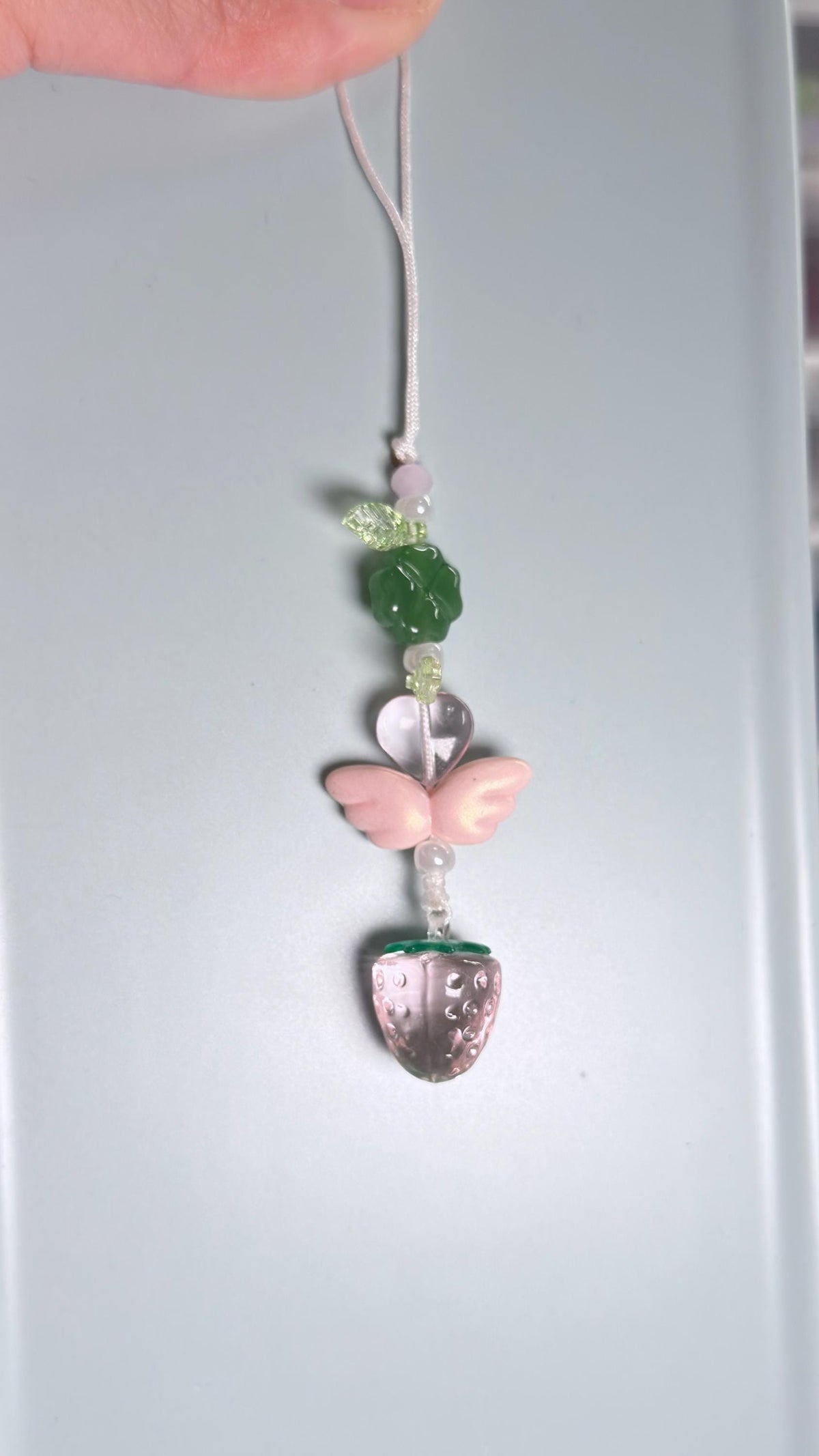 Handmade Green Clover Strawberry and Cherry Phone Charm, Lucky Four Leaf Bag/Phone Strap
