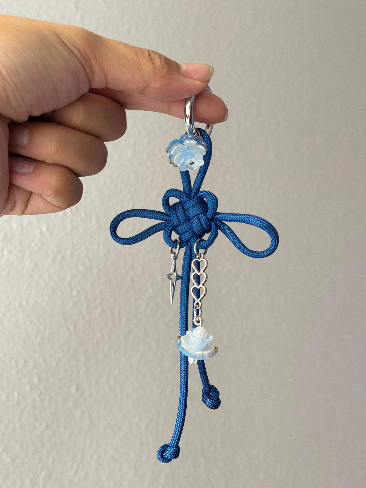 Botanical Blue Floral Lotus Fortune Knot Keychain: Handmade Chinese Lucky Charm