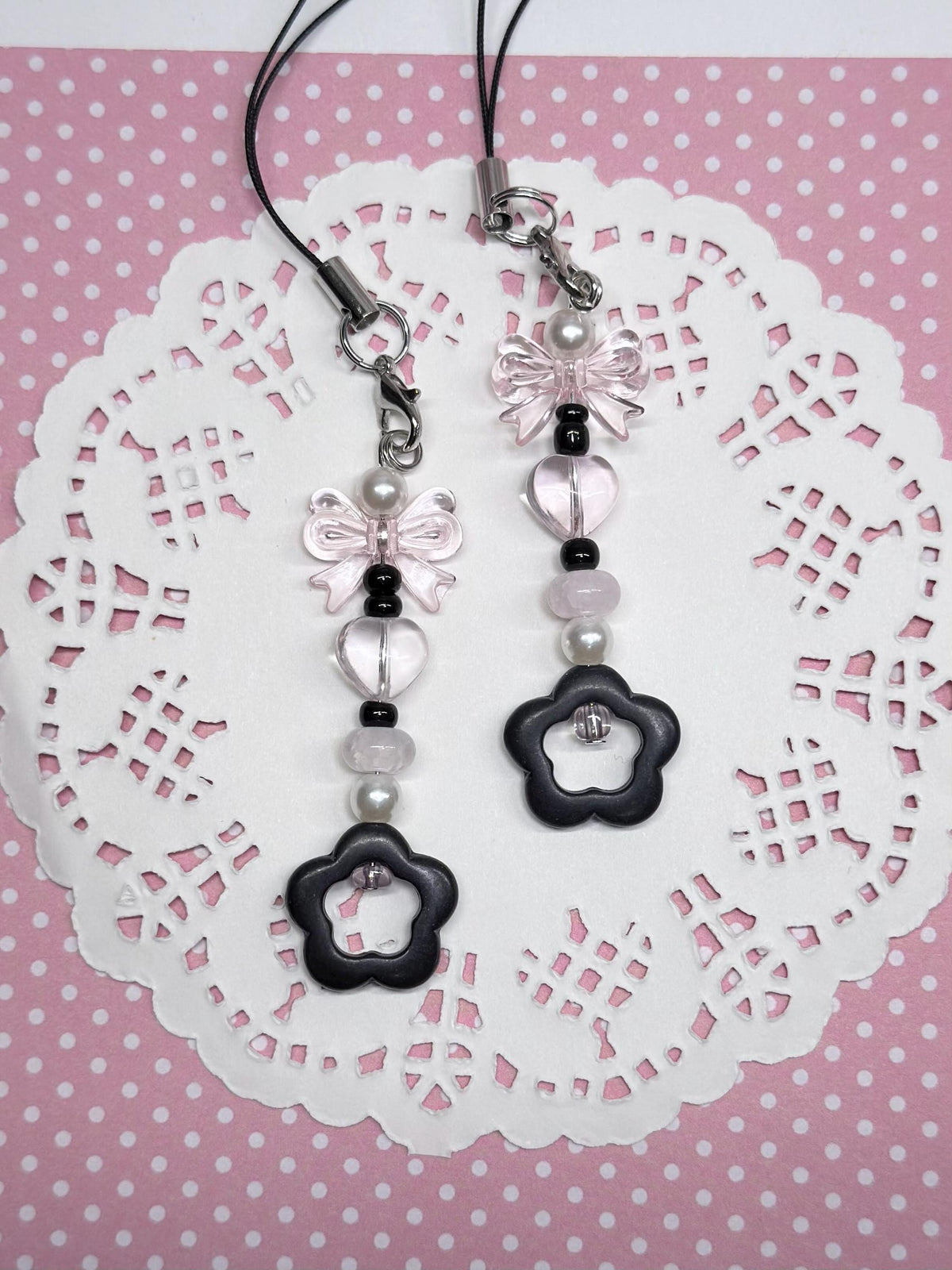 Beaded y2k Pink & Black Accessory with Hearts and Bows, Phone charm, Bag Charm, Backpack keychain
