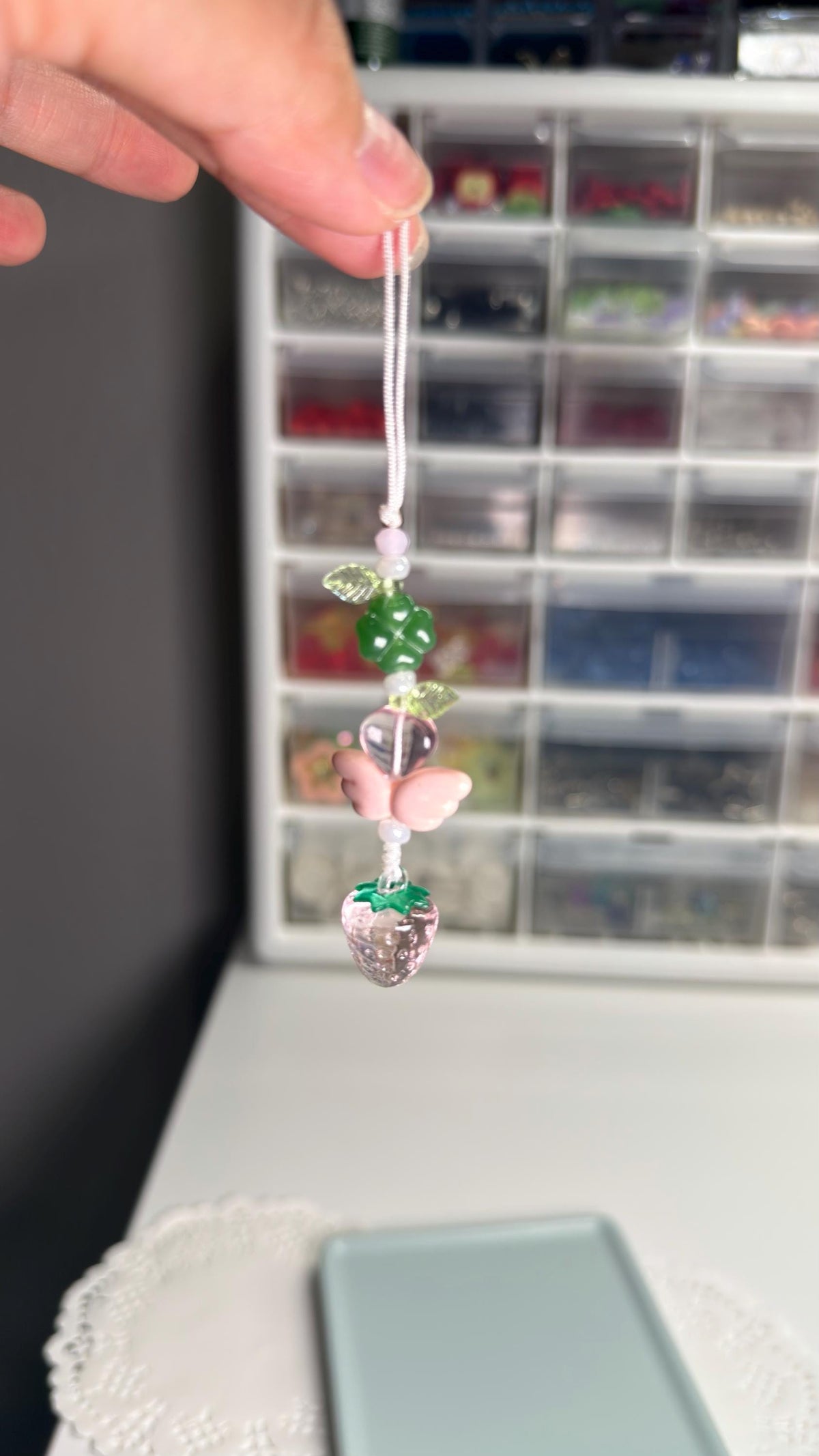 Handmade Green Clover Strawberry and Cherry Phone Charm, Lucky Four Leaf Bag/Phone Strap