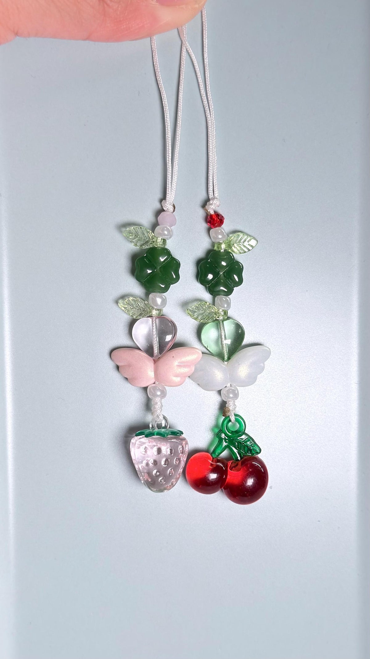 Handmade Green Clover Strawberry and Cherry Phone Charm, Lucky Four Leaf Bag/Phone Strap