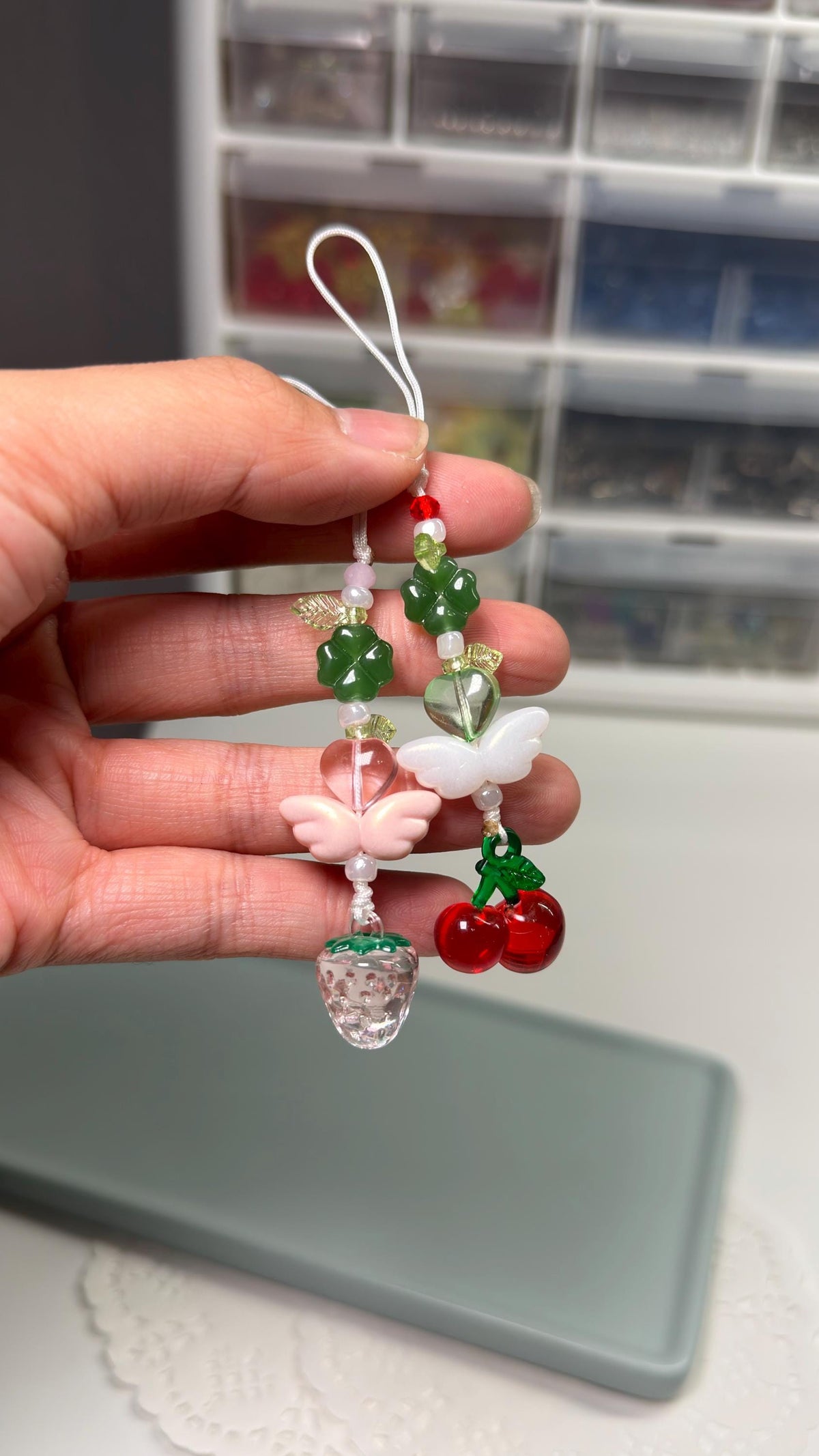 Handmade Green Clover Strawberry and Cherry Phone Charm, Lucky Four Leaf Bag/Phone Strap