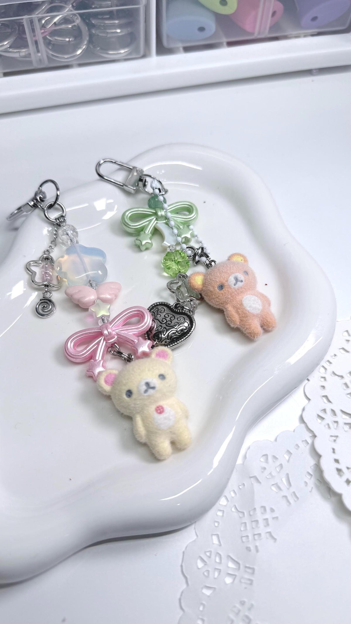 Lucky Four Leaf Clover White Dog Charm Flocked Dog Beaded Keychain Accessory Whimsical Core