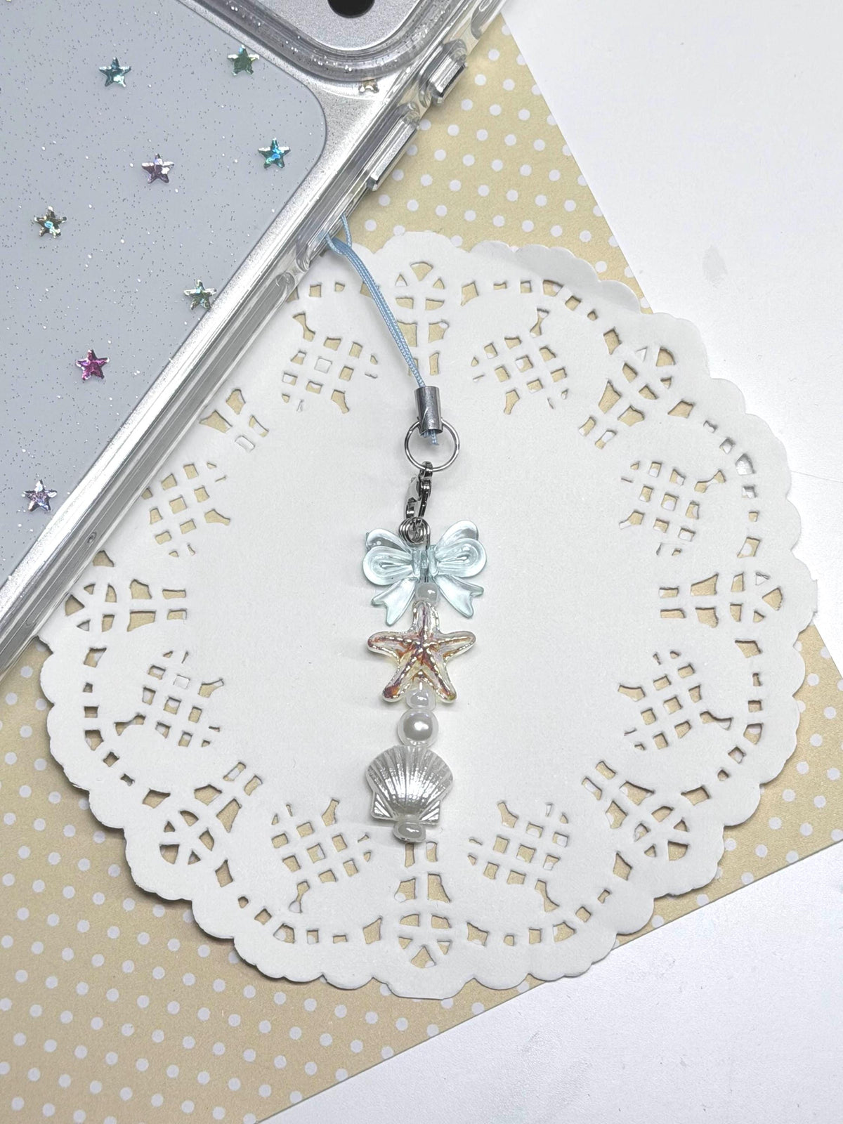 Beaded Ocean Accessory with Seashells and bows, Phone charm, Bag Charm, Backpack keychain