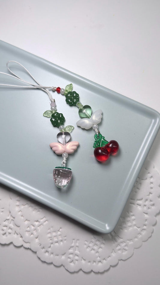 Handmade Green Clover Strawberry and Cherry Phone Charm, Lucky Four Leaf Bag/Phone Strap