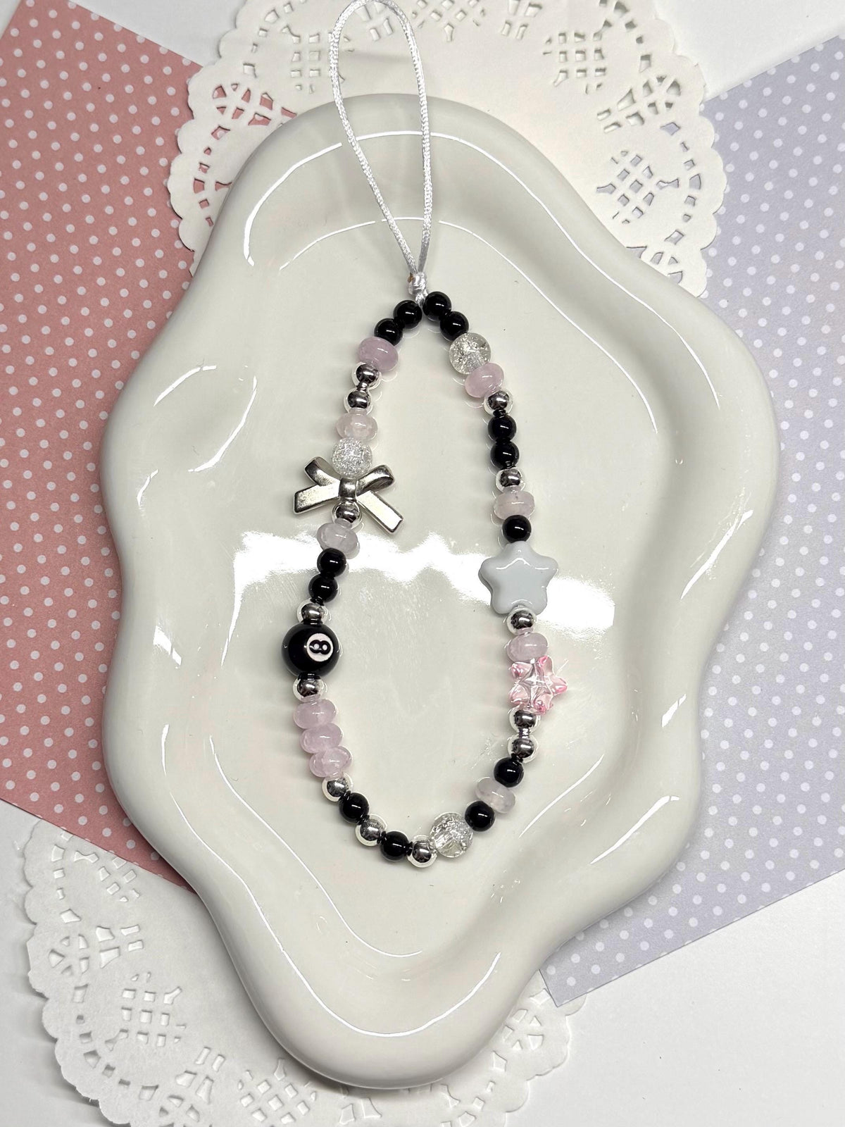 Pink and Black Star Beaded Phone Strap Handmade Wrist Lanyard