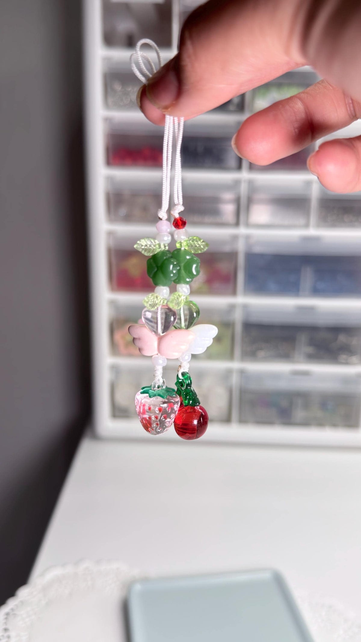 Handmade Green Clover Strawberry and Cherry Phone Charm, Lucky Four Leaf Bag/Phone Strap