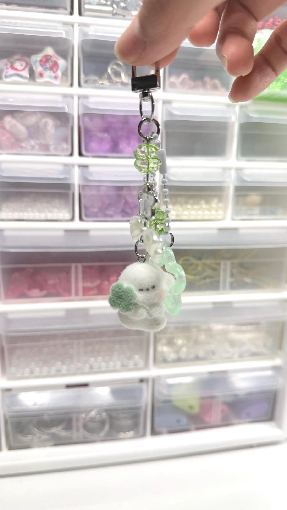 Lucky Four Leaf Clover White Dog Charm Flocked Dog Beaded Keychain Accessory Whimsical Core