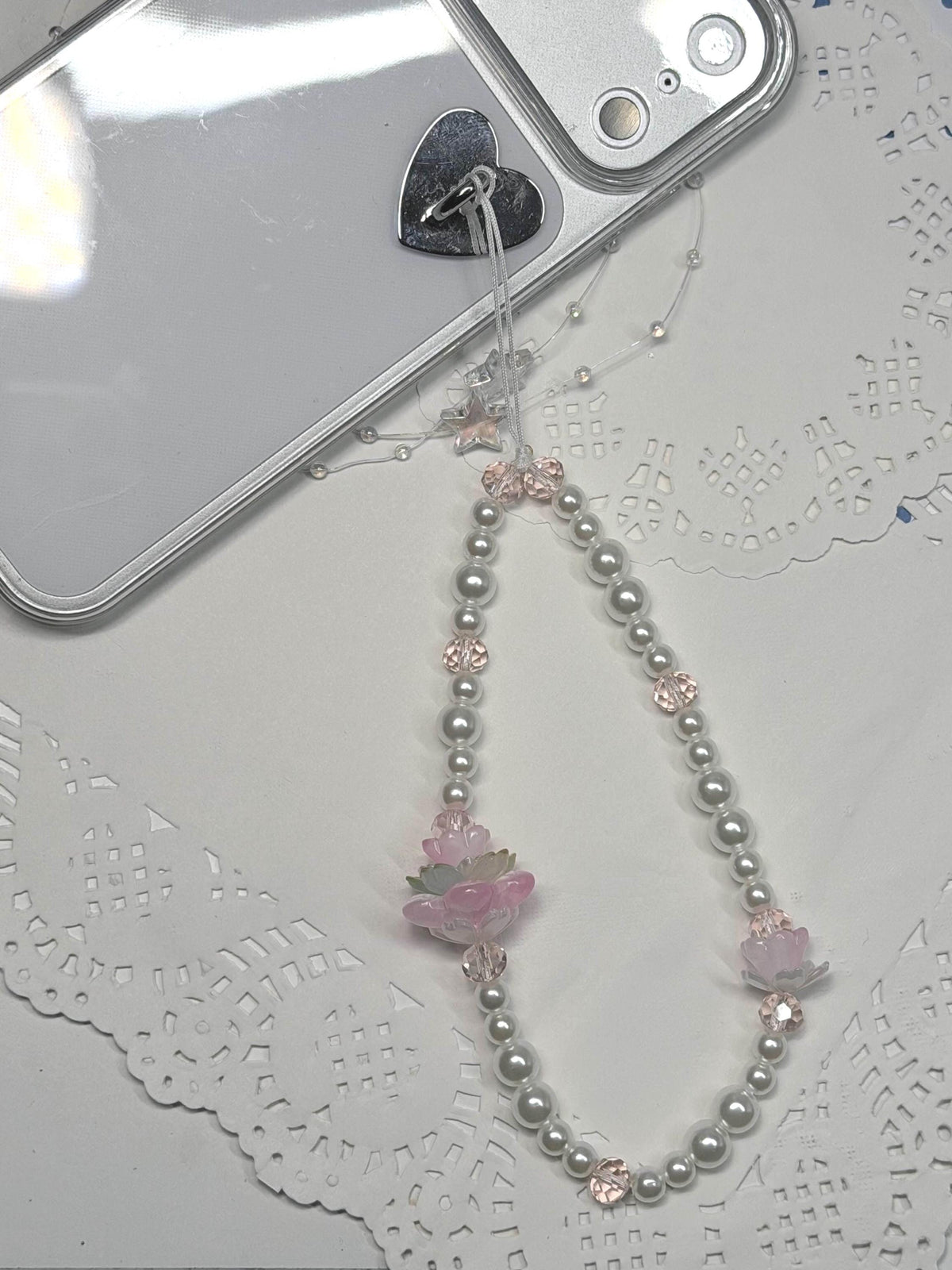 Pink Lotus Floral Beaded Phone Strap