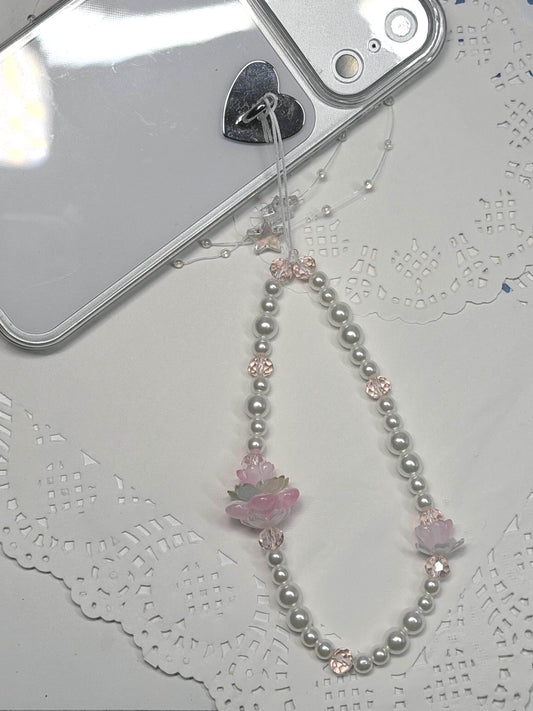 Pink Lotus Floral Beaded Phone Strap