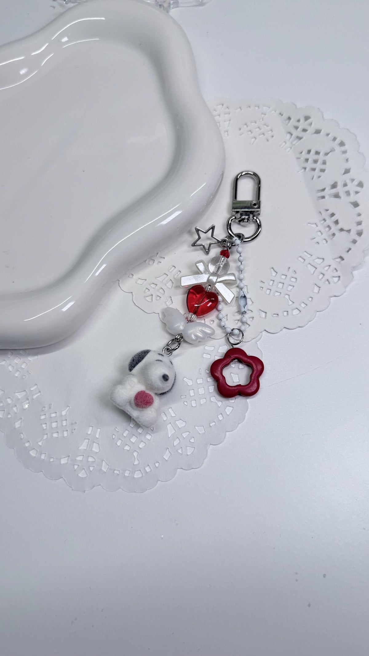 Snoopy Charm Flocked Dog Beaded Keychain Accessory Whimsical Core