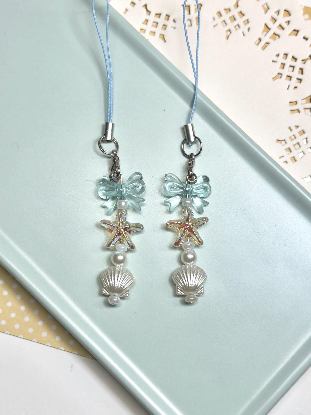 Beaded Ocean Accessory with Seashells and bows, Phone charm, Bag Charm, Backpack keychain