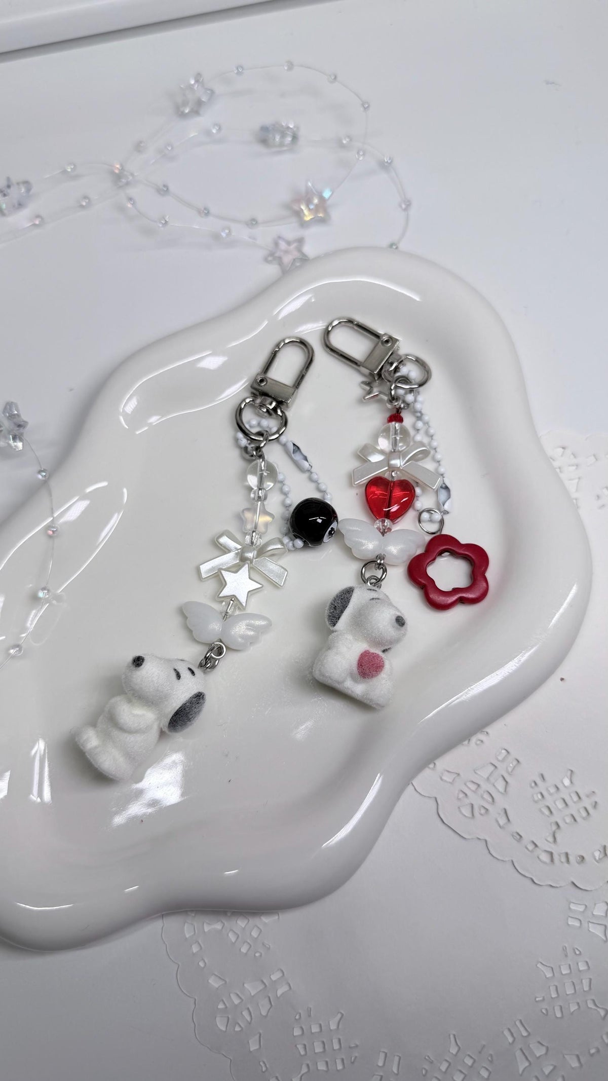 Snoopy Charm Flocked Dog Beaded Keychain Accessory Whimsical Core
