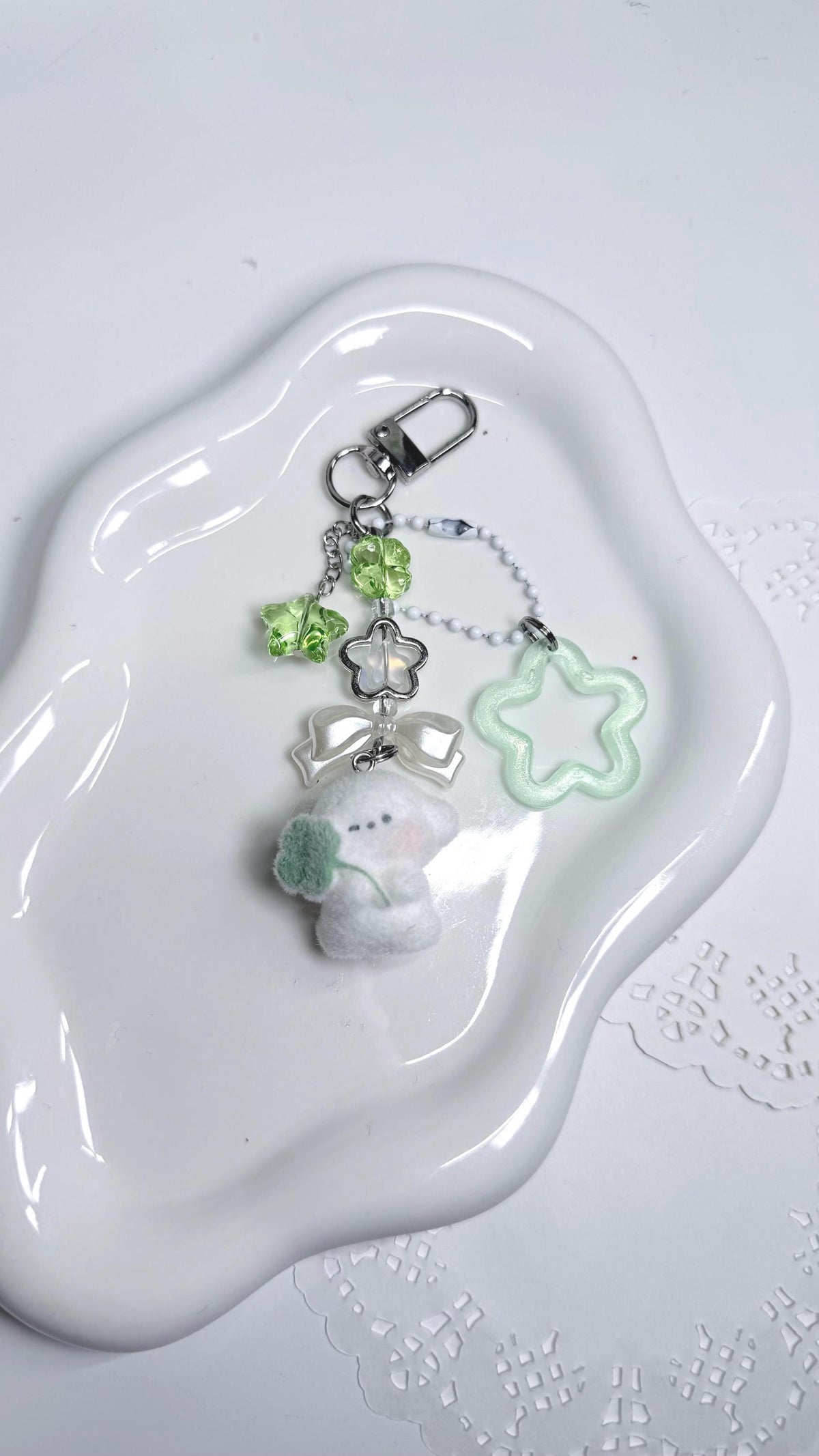 Lucky Four Leaf Clover White Dog Charm Flocked Dog Beaded Keychain Accessory Whimsical Core