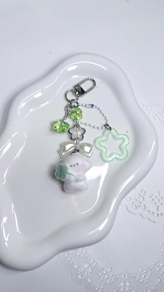 Lucky Four Leaf Clover White Dog Charm Flocked Dog Beaded Keychain Accessory Whimsical Core