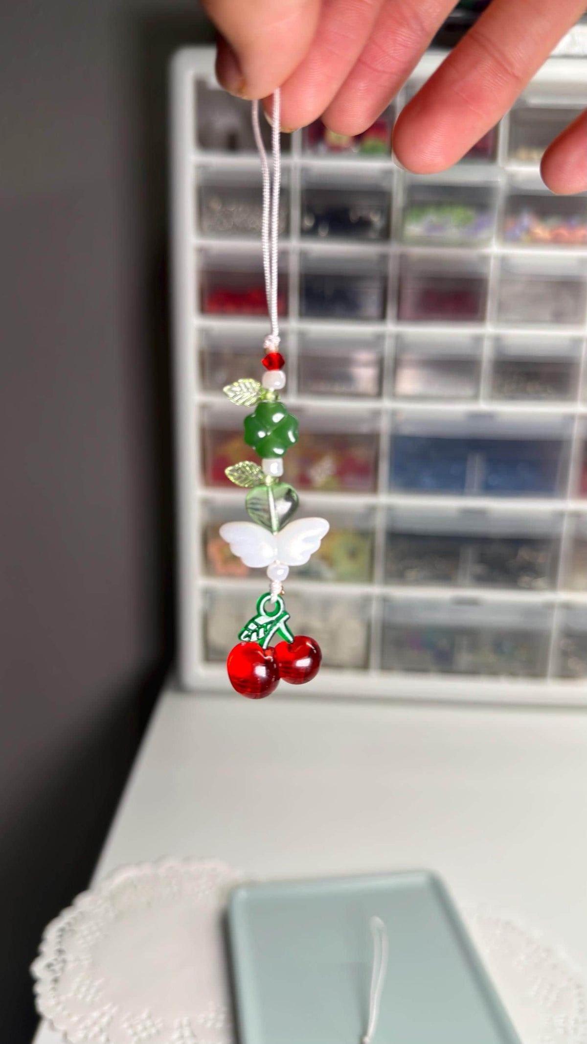 Handmade Green Clover Strawberry and Cherry Phone Charm, Lucky Four Leaf Bag/Phone Strap