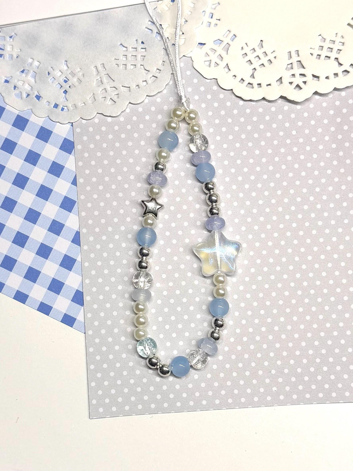 Pastel Blue Silver Iridescent Star Beaded Phone Strap Handmade Wrist Lanyard