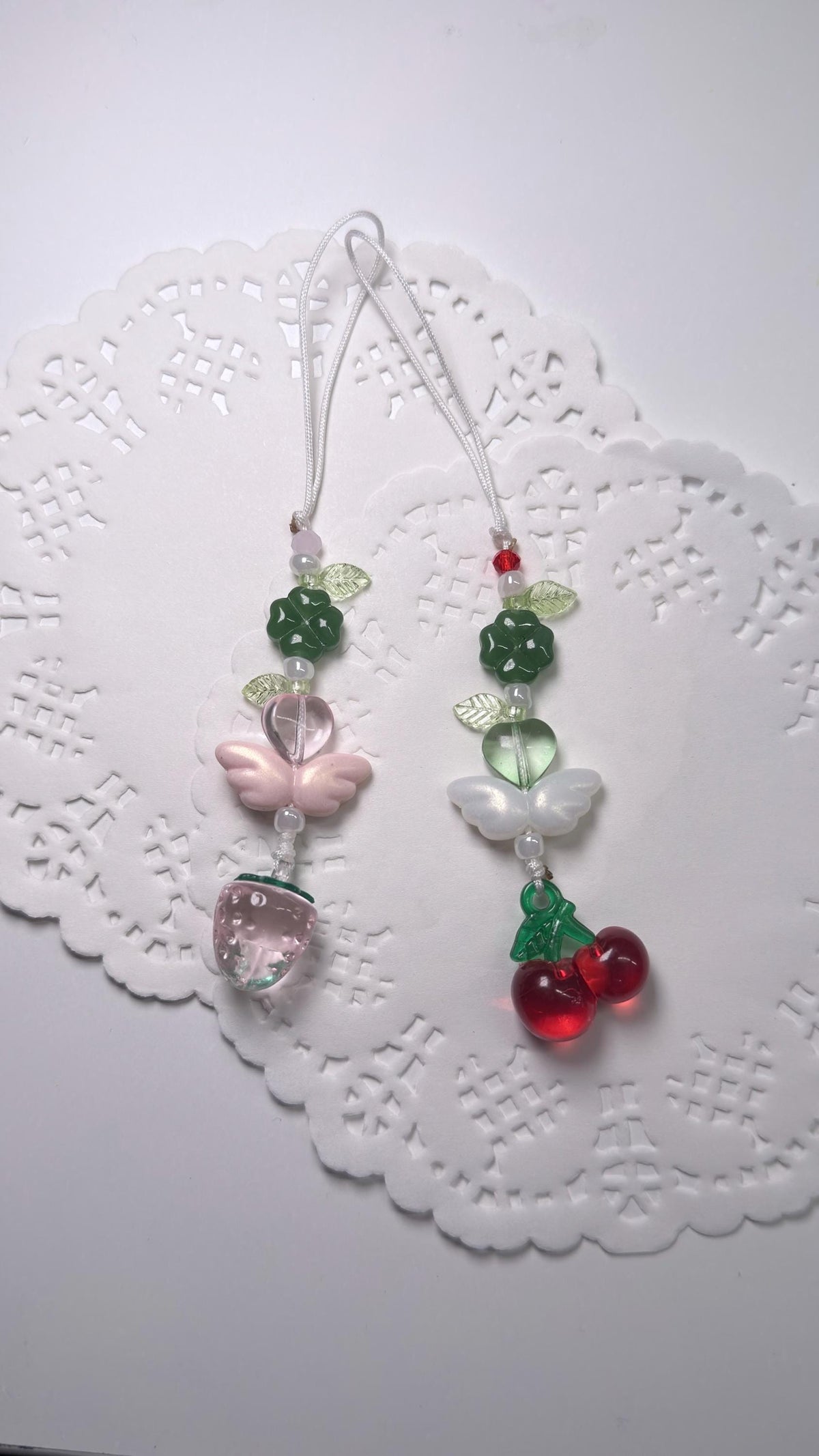 Handmade Green Clover Strawberry and Cherry Phone Charm, Lucky Four Leaf Bag/Phone Strap