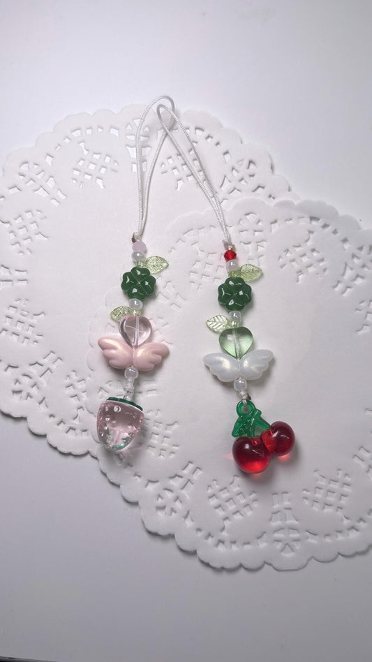Handmade Green Clover Strawberry and Cherry Phone Charm, Lucky Four Leaf Bag/Phone Strap