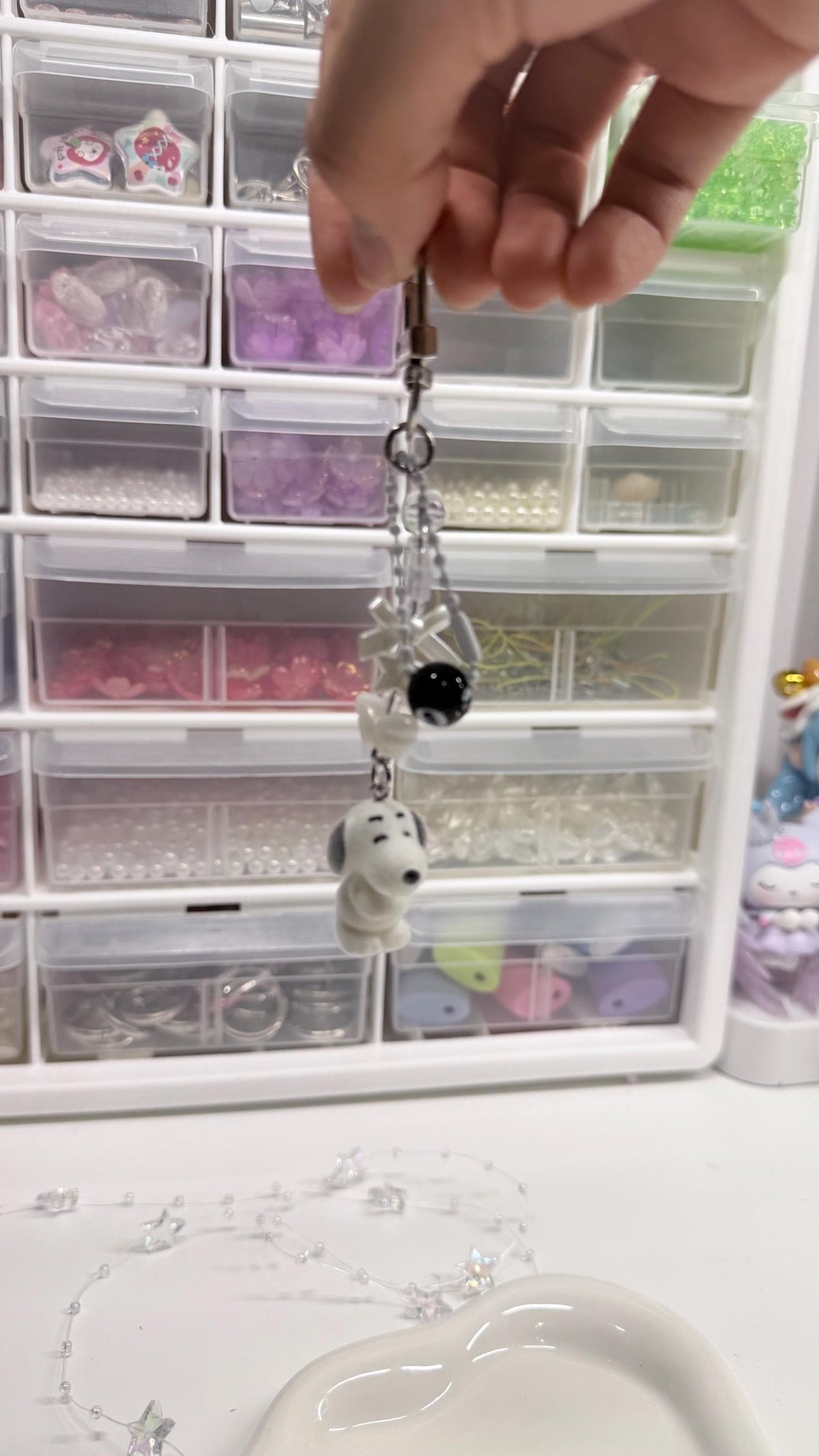Snoopy Charm Flocked Dog Beaded Keychain Accessory Whimsical Core