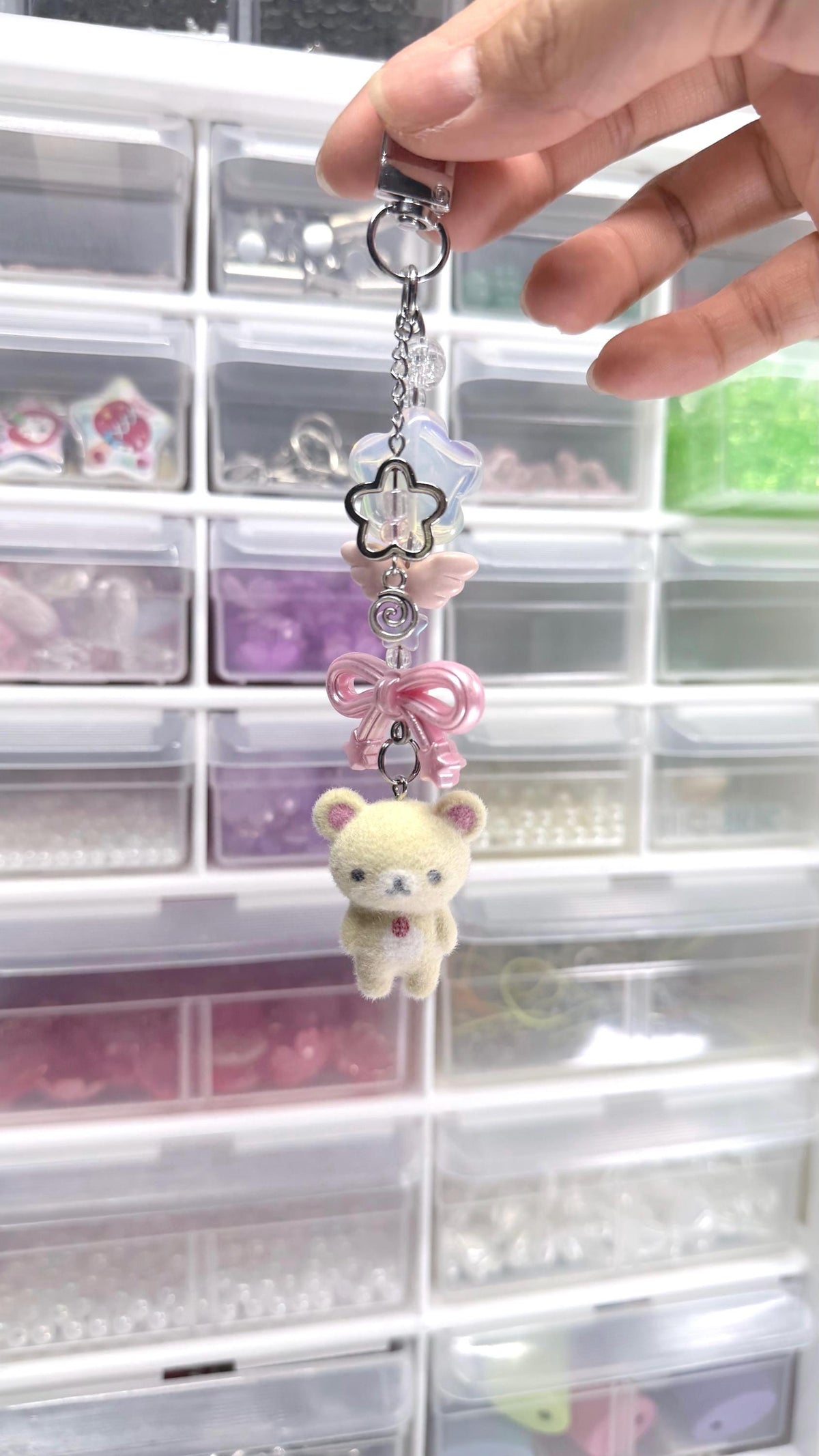 Lucky Four Leaf Clover White Dog Charm Flocked Dog Beaded Keychain Accessory Whimsical Core