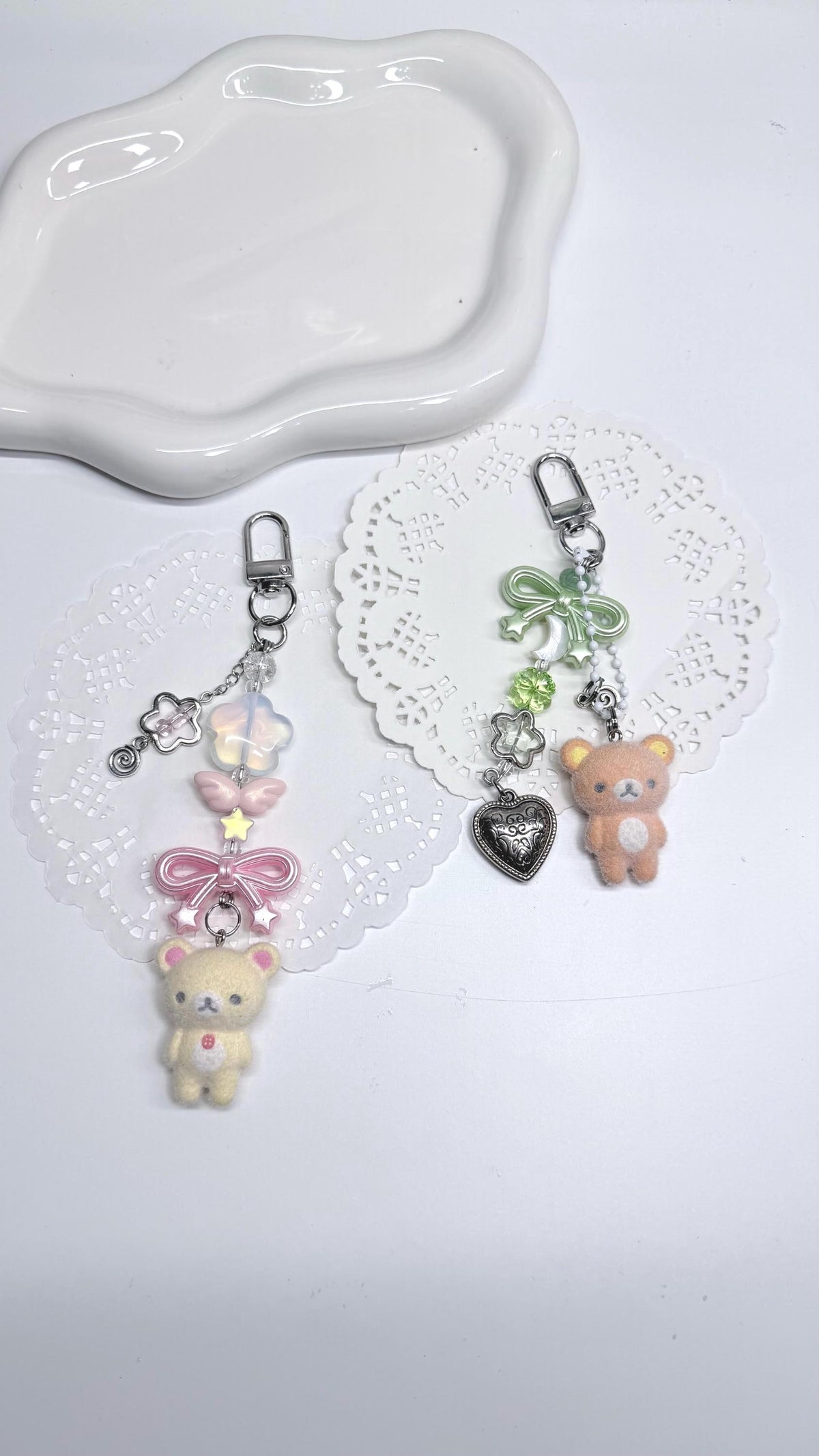 Lucky Four Leaf Clover White Dog Charm Flocked Dog Beaded Keychain Accessory Whimsical Core