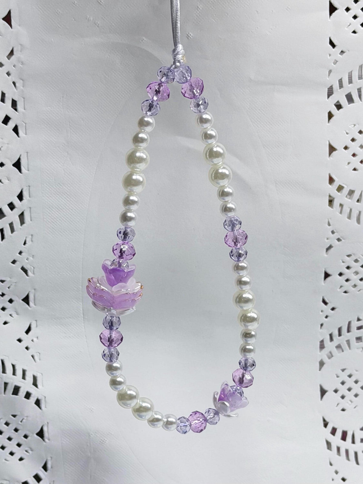 Purple Lotus Floral Beaded Phone Strap