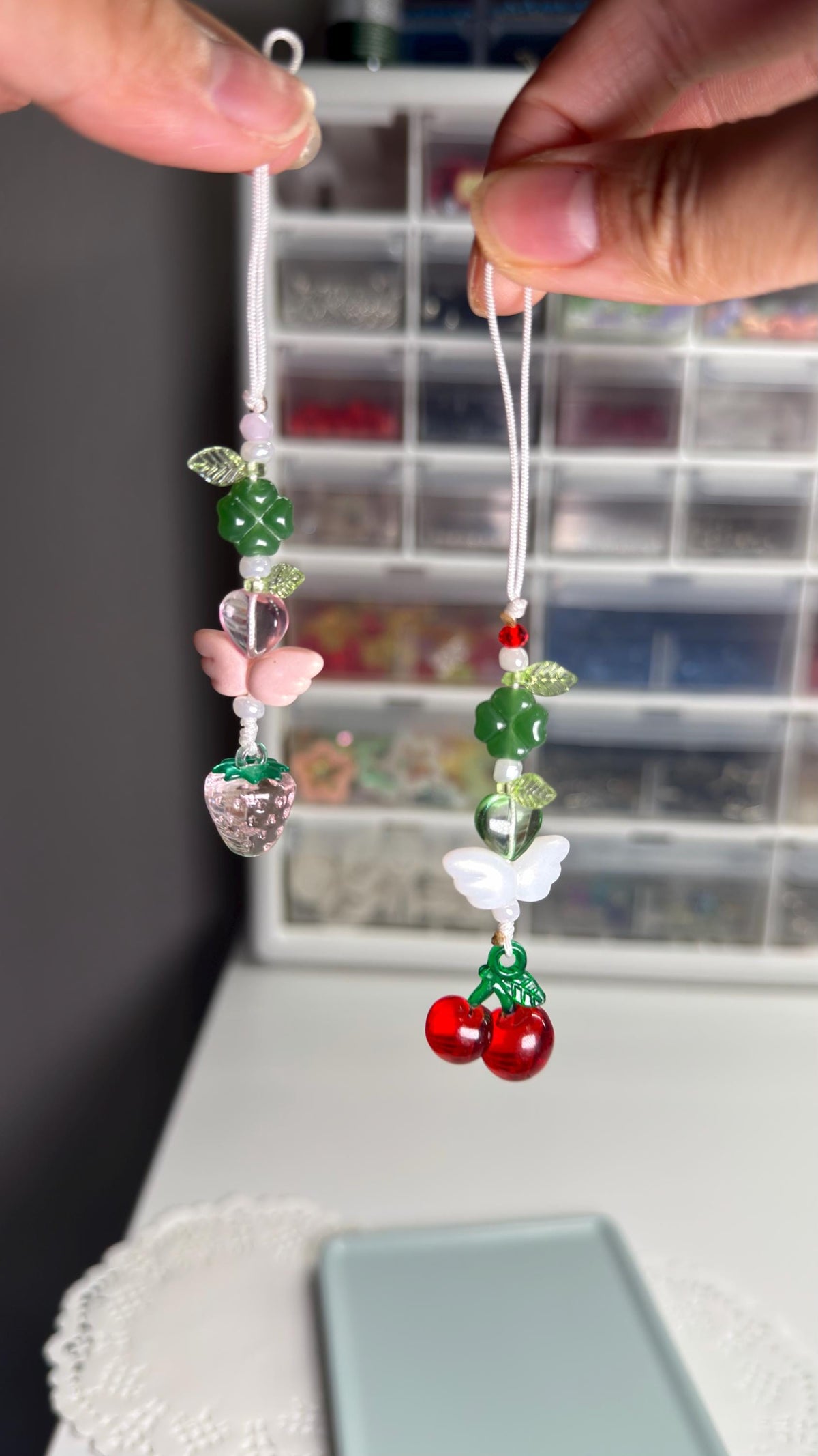 Handmade Green Clover Strawberry and Cherry Phone Charm, Lucky Four Leaf Bag/Phone Strap