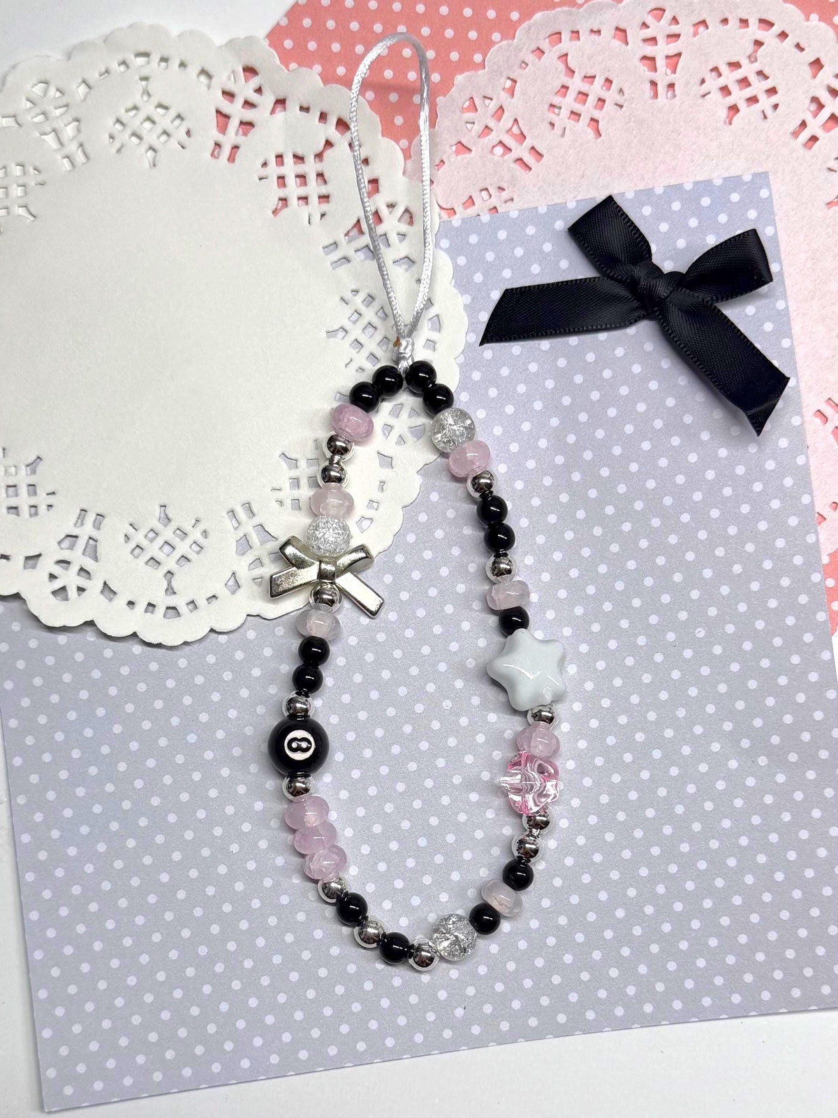 Pink and Black Star Beaded Phone Strap Handmade Wrist Lanyard