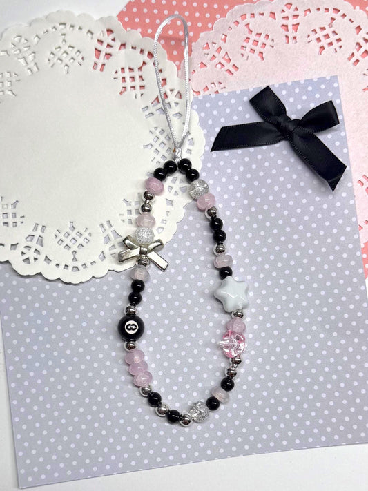 Pink and Black Star Beaded Phone Strap Handmade Wrist Lanyard