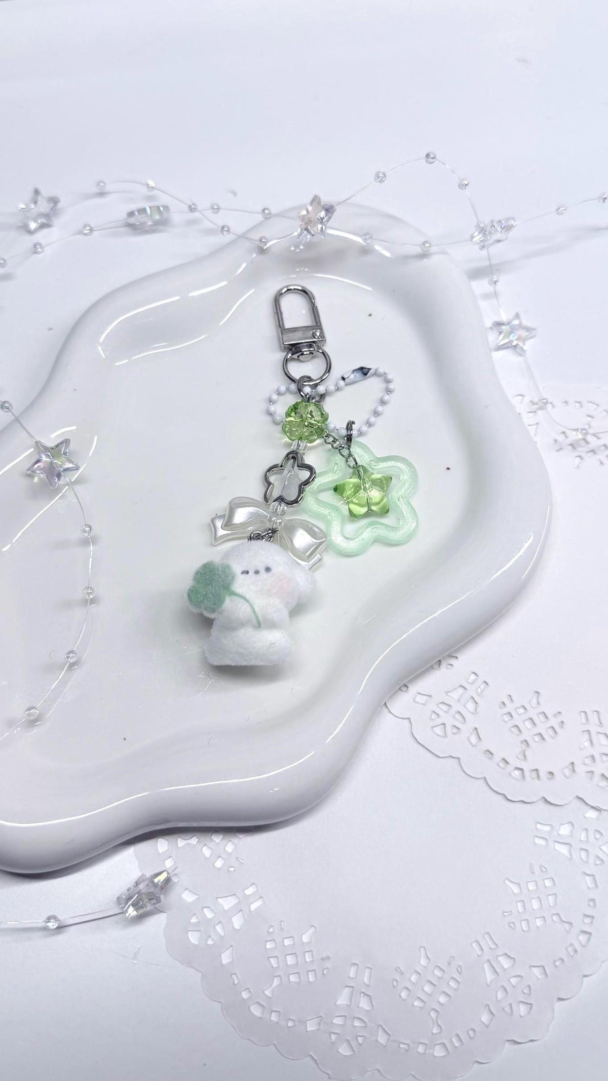 Lucky Four Leaf Clover White Dog Charm Flocked Dog Beaded Keychain Accessory Whimsical Core