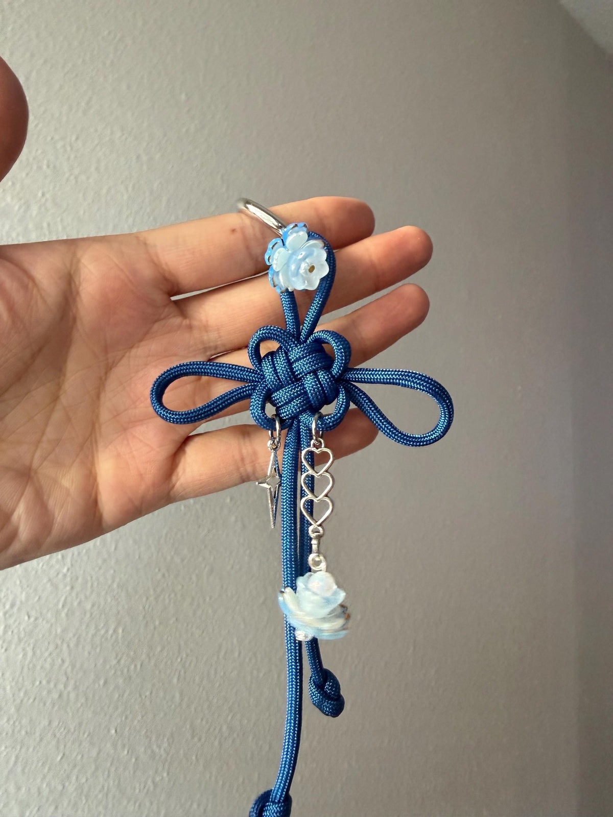 Botanical Blue Floral Lotus Fortune Knot Keychain: Handmade Chinese Lucky Charm