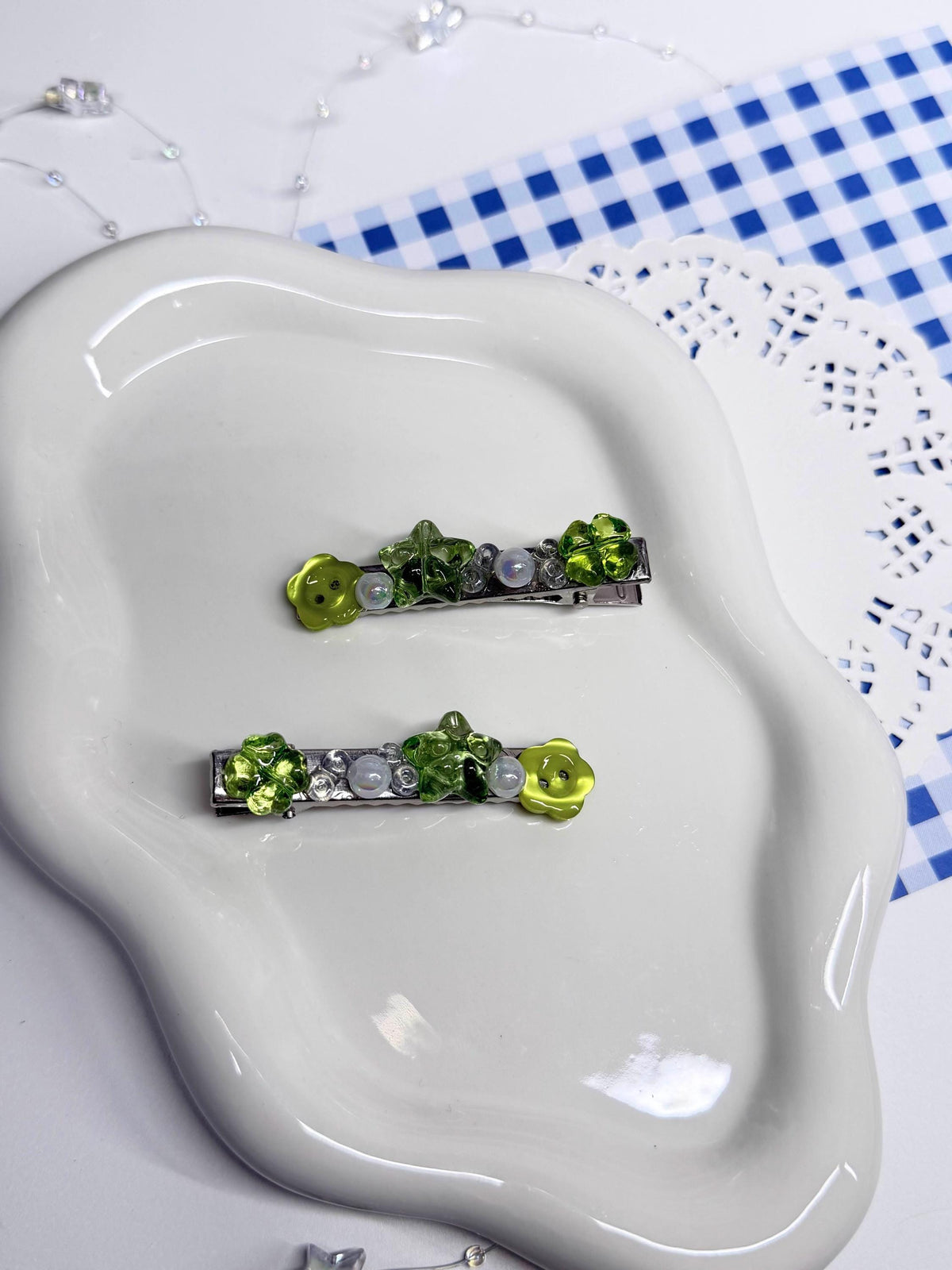 Green Clover Flower Hair Clips