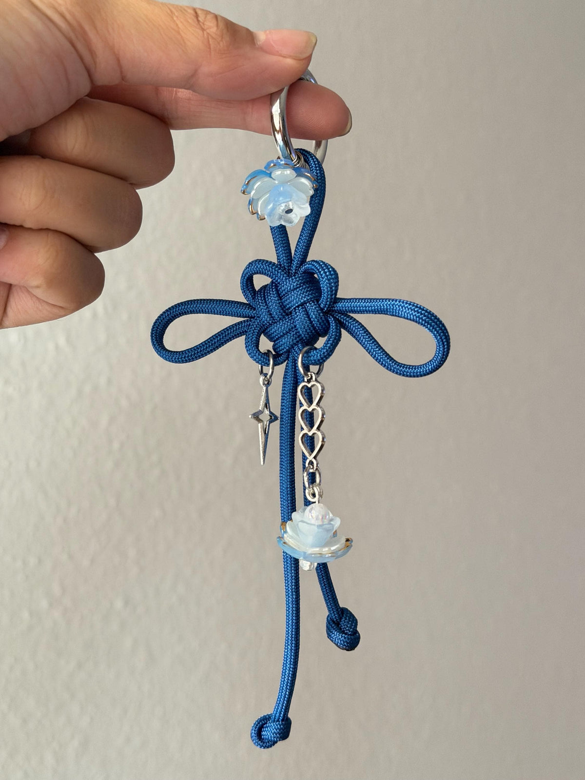Botanical Blue Floral Lotus Fortune Knot Keychain: Handmade Chinese Lucky Charm