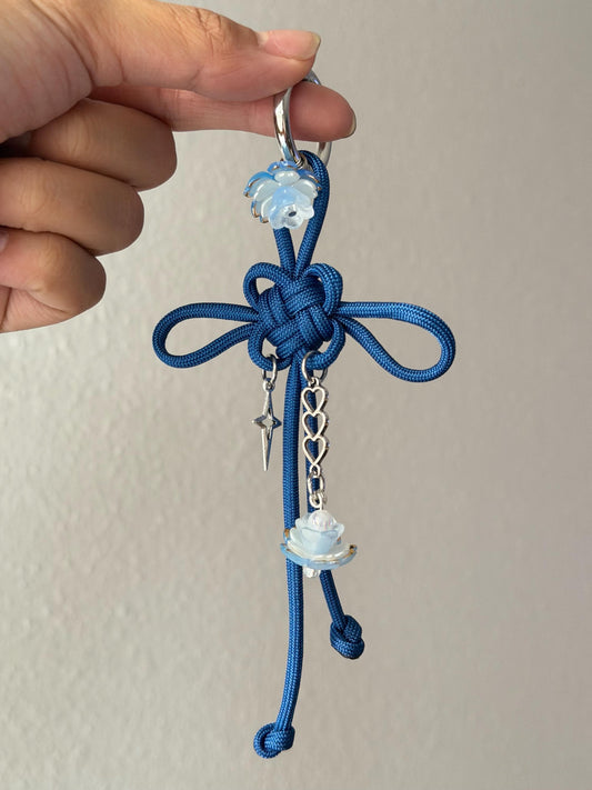 Botanical Blue Floral Lotus Fortune Knot Keychain: Handmade Chinese Lucky Charm